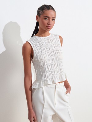50845 Kolsuz Crop Bluz-Ekru