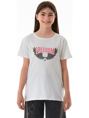 FullaModa %100 Pamuk Freedom Yazı Baskılı Kız Çocuk Tişört