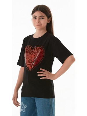 FullaModa Kalp ve Love Yazı Baskılı Kız Çocuk Oversize Tişört