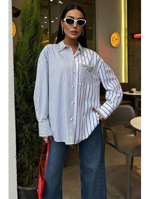 Passense Yaka ve Cebi Taşlı Çizgili Over Gömlek 3406