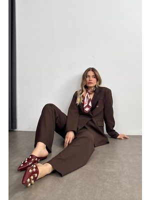 Kahverengi Yüksek Bel Pantolon Ceket Oversize Takım