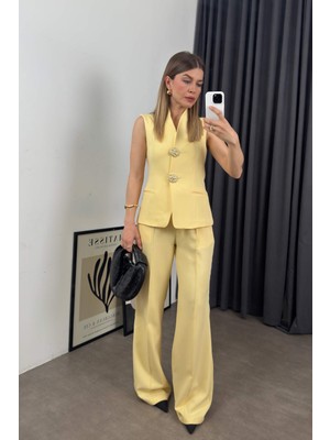 Pastel Sarı Gold Düğmeli Yelek Pantolon Takım