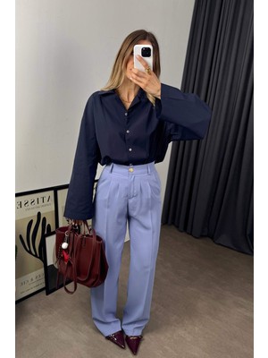 Bebe Mavisi Yüksek Bel Beli Lastikli Pileli Pantolon