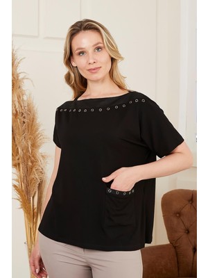 Rmg Yaka ve Cep Zımba Detaylı Büyük Beden Siyah Tişört