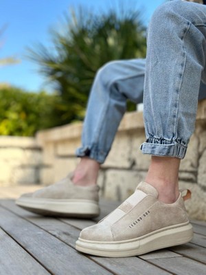 BA0307  Kalın Süet Yüksek Taban Çift Bant Bej Erkek Ayakkabı