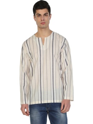 Büyük Beden Uzun Kol Şile Bezi Bisiklet Yaka Yazlık Tshirt Ekru Gri Çizgili 3028