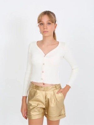 Kız Çocuk Kemerli Duble Paça Gold Deri Şort