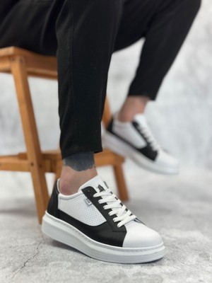 BA0423 Boa Kalın Yüksek Taban Beyaz Siyah Bağcıklı Spor Erkek Ayakkabı