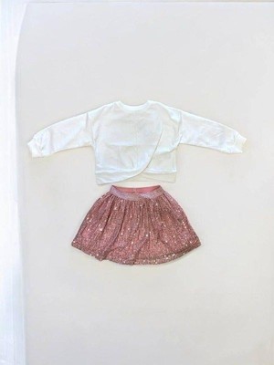 Kız Çocuk Crop Bluz Pul Payetli Etekli Takım