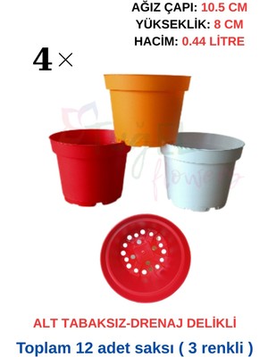 12 Adet 3 Renkli Plastik Saksı (10.5 CM.LİK) Alt Tabaksız