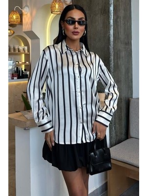 La Mode Istanbul Ince Çizgili Saten Gömlek 3434