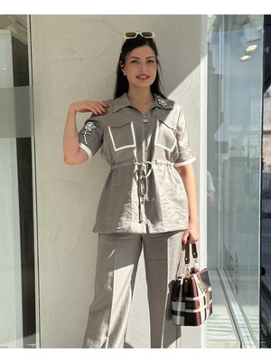 Büyük Beden Kolu Taş Işleme Detaylı Ceketli Pantolonlu Takım