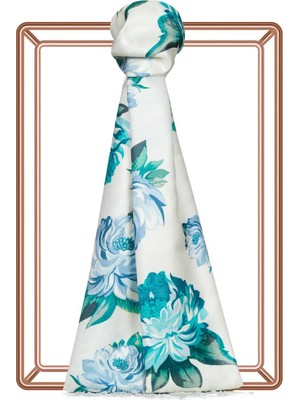 Ipekevi Camellia Desenli Ipek Şal 07801-İNCI Beyazı Mavi