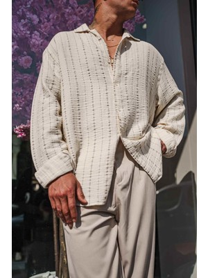 Erkek Oversize Pamuklu Yumuşak Dokulu Çizgili Gömlek Gri Bej