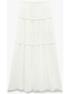 Koton Standart Bel Astarlı Kat Detaylı Uzun Dantelli Etek