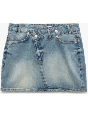 Koton Pamuklu Asimetrik Düğmeli Cepli Denim Mini Etek
