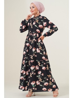 Alinn Butikk 2144 Hakim Yaka Tesettür Elbise - E.siyah