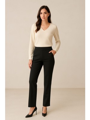 Gigi Giyim Krep Kumaş Beli Lastikli Klasik Kadın Pantolon