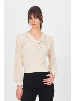Bej Drapeli Tül Kol Detaylı Bluz 9474