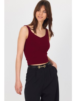 Bordo Kalın Askılı V Yaka Bluz 13293