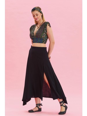 Fermuar Detaylı Yırtmaçlı Asimetrik Etek