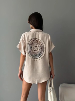 Adisia Kadın Dantel Detaylı Keten Oversize Gömlek