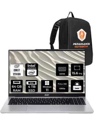 Acer Aspire Lite Intel Core I7 12650H 64GB 4tb SSD 15.6" Fhd Windows 11 Home Taşınabilir Bilgisayar & Per4 Çanta NXJ7LEY001P335