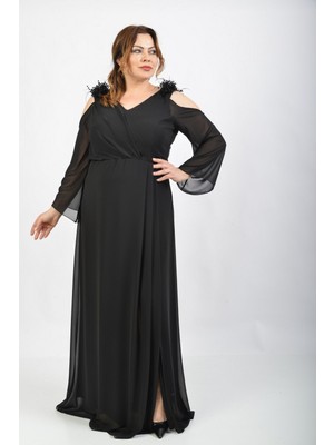 Lilas Xxl Büyük Beden Siyah Renkli Omzu Açık Şifon Uzun Abiye Elbise