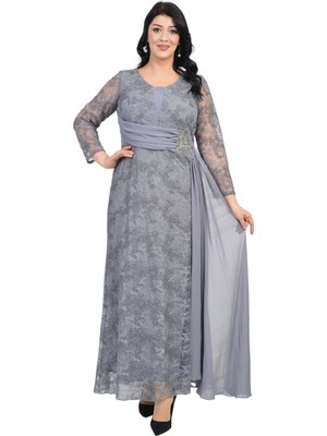 Lilas Xxl Büyük Beden Gri Renkli  Simli Dantel Uzun Abiye Elbise