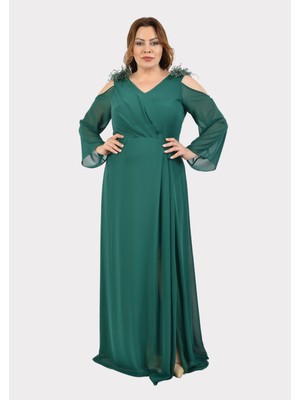 Lilas Xxl Büyük Beden Yeşil Renkli Omzu Açık Şifon Uzun Abiye Elbise