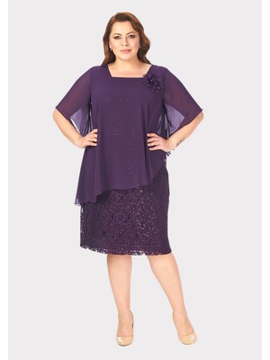 Lilas Xxl Büyük Beden Mor Renkli Dantel Abiye Elbise