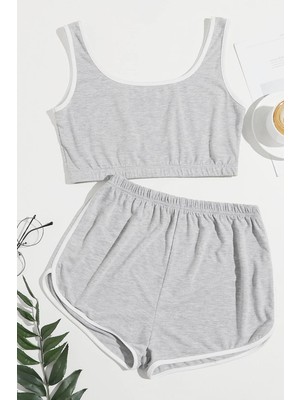 Kadın Gri Askılı Crop Top ve Şortlu Gecelik Takım