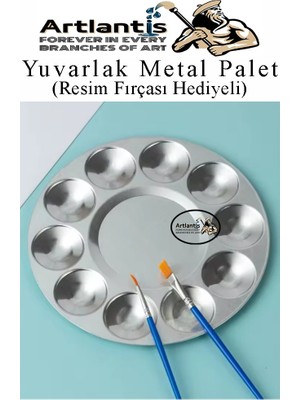 Artlantis Yuvarlak Metal Palet 1 Adet Metal Boya Paleti 10 Hazneli 17 cm Paslanmaz Resim Boyama Paleti Fırça