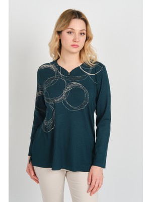 Detay Triko Kadın Uzun Kollu Simli Desenli V Yaka Anne Bluz 5743 Zümrüt