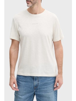 Calvin Klein  Pamuk ve Keten Karışımlı Regular Fit Bisiklet Yaka T Shirt KM0KM01138ADA Erkek T Shirt KM0KM01138 Ada