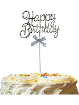 Parti Adresi Happy Birthday Yazılı Doğum Günü Pasta Süsü Gümüş