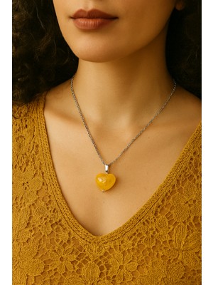 Sitrin Taşı Kalp Kolye – Sarı Doğal Taş, Ahşap Kutulu, Anneye, Sevgiliye, Kız Çocuğuna Hediye
