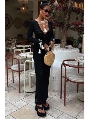 Sosostyle Püskül Bağcık Detaylı V Yaka Ajurlu Elbise 2850