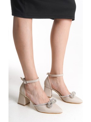 Henne kadın saten taşlı abiye ayakkabı kalın topuklu 7cm