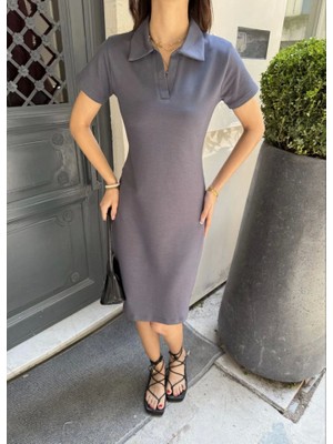 Passense Osy Modal Yumuşak Dokulu Kumaş Yakalı Kısa Kollu Elbise - Füme