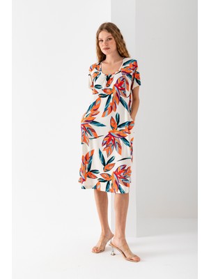 Kadın Turuncu Beyaz Yakası Büzgülü Yandan Cepli Viskon Penye Elbise