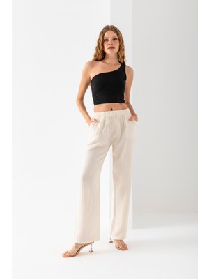 Kadın %100 Pamuk Krem Geniş Paça Muslin Pantolon