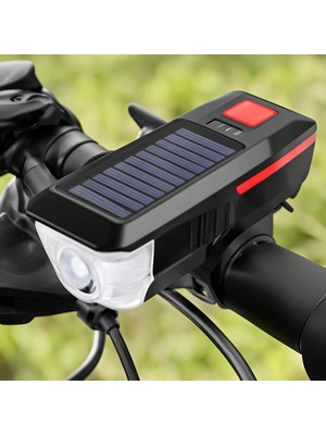 Güneş Enerjili Usb Şarjlı Led Bisiklet Feneri 120db Korna  Ön Far Işığı