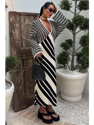 Passense Verev Çizgi Kombinli V Yaka Elbise 2846