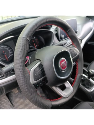 Dikişli Direksiyon Kılıfı Ithal Karbon Deri Noktalı Deri Kırmızı Dikişli Fıat Egea Için
