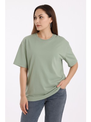 GUARAZ Kadın Yeşil Oversize Bisiklet Yaka %100 Pamuk Düz Basic Yazlık T-shirt