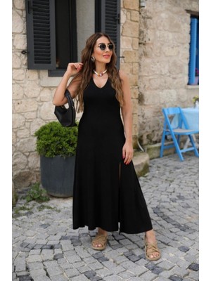 Sosostyle Kadın Askılı V Yakalı Yırtmaçlı Viskon Elbise