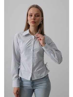 Passense Yanları Büzgülü Çizgili Gömlek - Mavi-Siyah