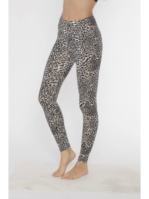 Kolcu Kar Leoparı Desenli Likralı Uzun Kadın Tayt - KB3005