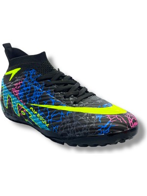 Laliga Yeni Model Çoraplı Halısaha Ayakkabı Siyah Turkuaz Sarı Desenli